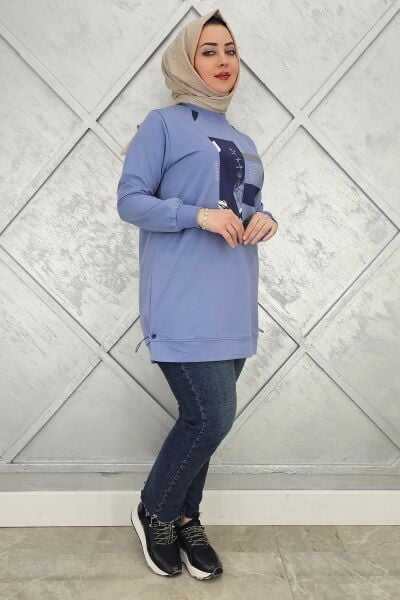 KADIN BASKI TAŞ DETAYLI TESETTÜR TUNİK MAVİ - 4 BEDEN