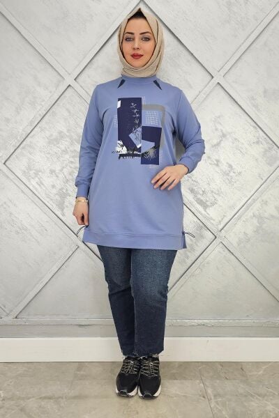 KADIN BASKI TAŞ DETAYLI TESETTÜR TUNİK MAVİ - 4 BEDEN