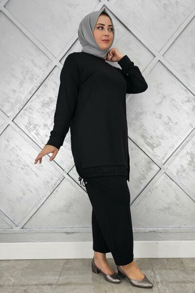 KADIN DÜĞME BAĞCIK DETAYLI TESETTÜR TAKIM SİYAH - 4 BEDEN