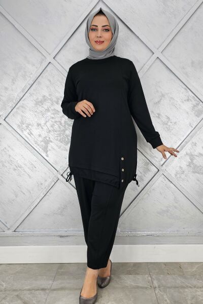 KADIN DÜĞME BAĞCIK DETAYLI TESETTÜR TAKIM SİYAH - 4 BEDEN