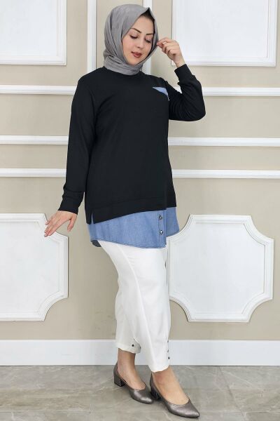 PYS KADIN KOT KOMBİNLİ DÜĞME DETAYLI TESETTÜR TUNİK SİYAH - 2 BEDEN