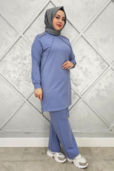 KADIN NERVÜR DİKİM DÜĞME DETAYLI TESETTÜR TAKIM MAVİ - 2XL