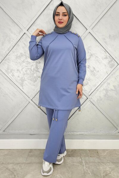 KADIN NERVÜR DİKİM DÜĞME DETAYLI TESETTÜR TAKIM MAVİ - 2XL