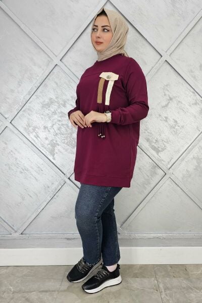 KADIN KOMBİN VE BAĞCIK DETAYLI TESETTÜR TUNİK BORDO - 3XL