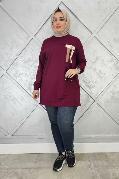 KADIN KOMBİN VE BAĞCIK DETAYLI TESETTÜR TUNİK BORDO - 3XL