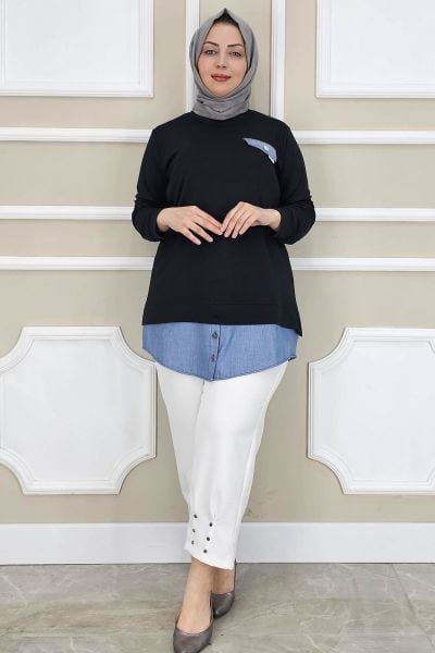 PYS KADIN KOT KOMBİNLİ DÜĞME DETAYLI TESETTÜR TUNİK SİYAH - 3 BEDEN