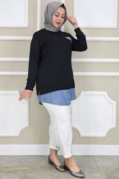 PYS KADIN KOT KOMBİNLİ DÜĞME DETAYLI TESETTÜR TUNİK SİYAH - 3 BEDEN