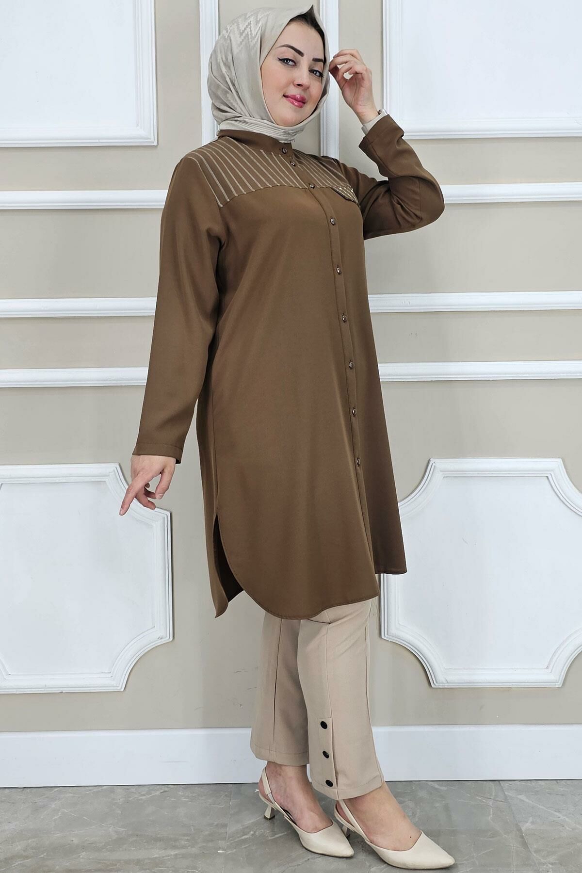 PYS KADIN HAKİM YAKA TESETTÜR GÖMLEK KAHVERENGİ - 2 BEDEN
