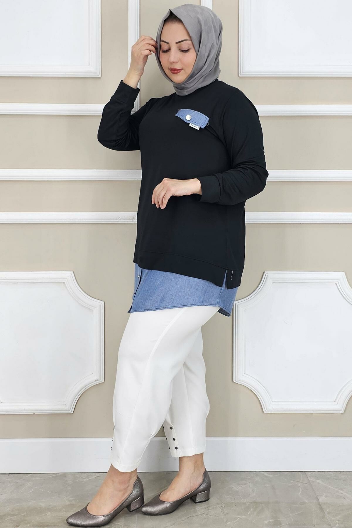 PYS KADIN KOT KOMBİNLİ DÜĞME DETAYLI TESETTÜR TUNİK SİYAH - 4 BEDEN