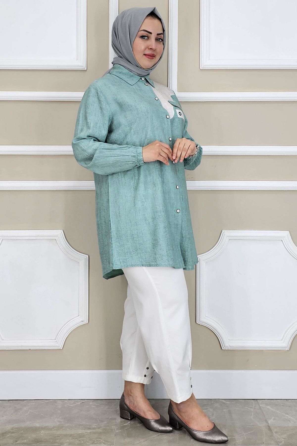 PYS KADIN KUŞGÖZÜ DETAYLI TESETTÜR GÖMLEK YEŞİL - 2 BEDEN