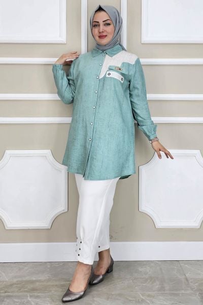 PYS KADIN KUŞGÖZÜ DETAYLI TESETTÜR GÖMLEK YEŞİL - 2 BEDEN