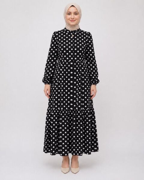 NEVA 2398 MANGO DESENLİ SALAŞ KİLOŞ ELBİSE SİYAH - L-XL
