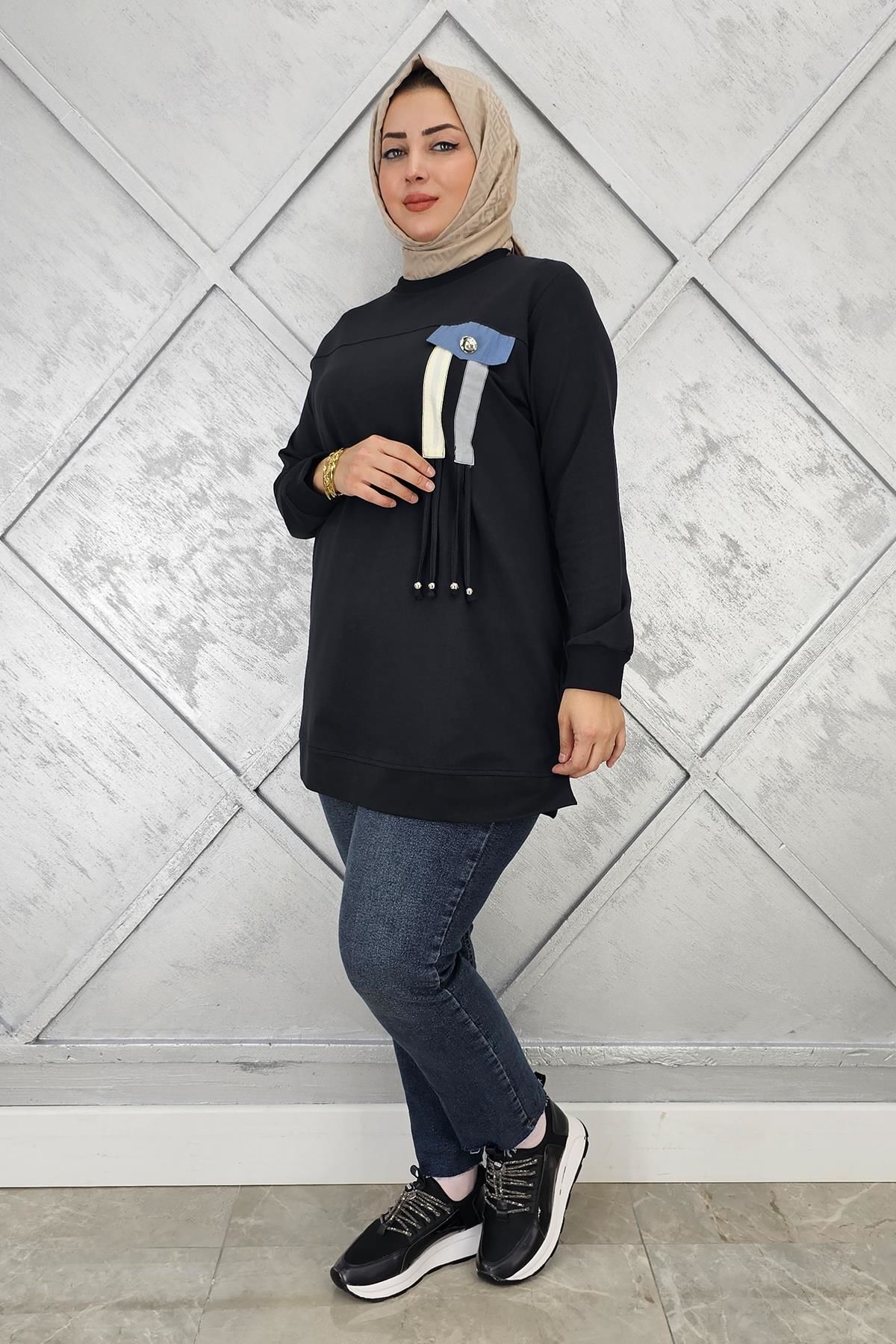 KADIN KOMBİN VE BAĞCIK DETAYLI TESETTÜR TUNİK SİYAH - L