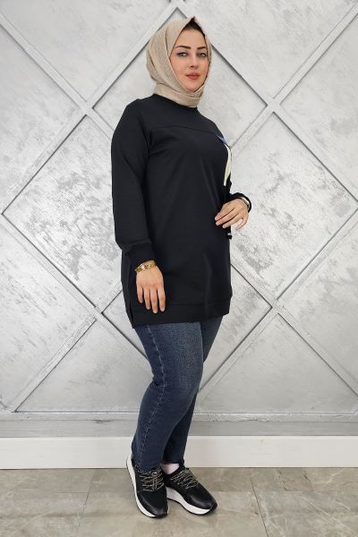 KADIN KOMBİN VE BAĞCIK DETAYLI TESETTÜR TUNİK SİYAH - L