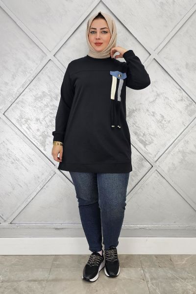 KADIN KOMBİN VE BAĞCIK DETAYLI TESETTÜR TUNİK SİYAH - L