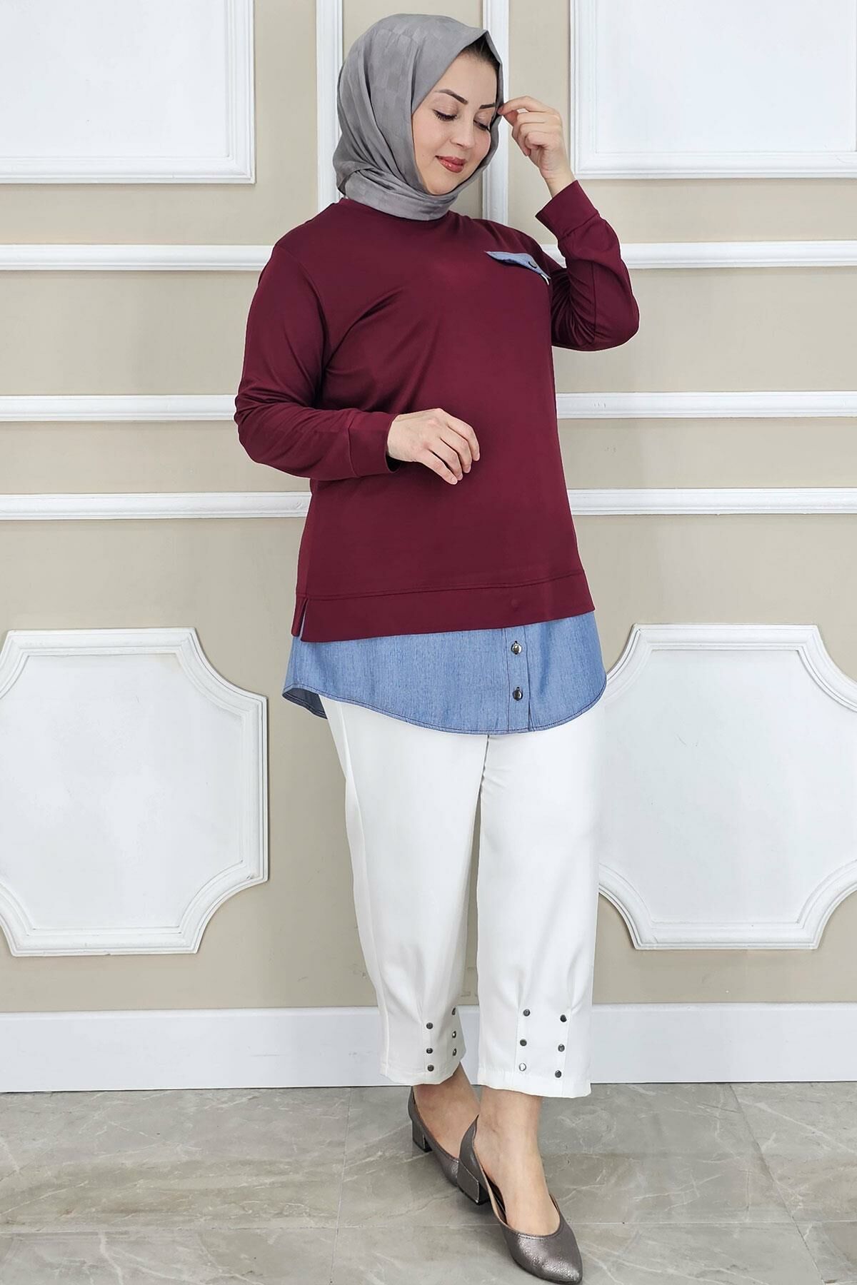PYS KADIN KOT KOMBİNLİ DÜĞME DETAYLI TESETTÜR TUNİK BORDO - 4 BEDEN