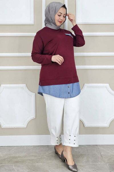 PYS KADIN KOT KOMBİNLİ DÜĞME DETAYLI TESETTÜR TUNİK BORDO - 4 BEDEN