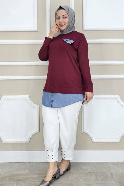 PYS KADIN KOT KOMBİNLİ DÜĞME DETAYLI TESETTÜR TUNİK BORDO - 4 BEDEN