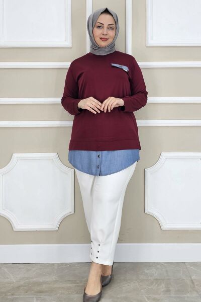 PYS KADIN KOT KOMBİNLİ DÜĞME DETAYLI TESETTÜR TUNİK BORDO - 4 BEDEN