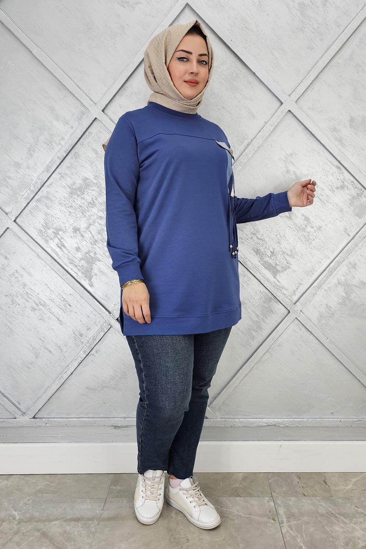 KADIN KOMBİN VE BAĞCIK DETAYLI TESETTÜR TUNİK İNDİGO - 2XL