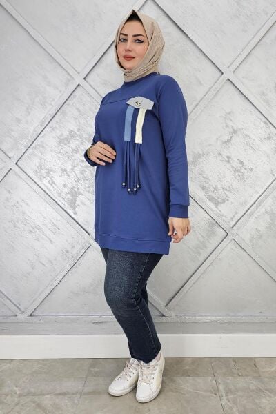 KADIN KOMBİN VE BAĞCIK DETAYLI TESETTÜR TUNİK İNDİGO - 2XL