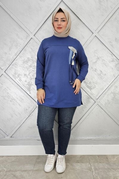 KADIN KOMBİN VE BAĞCIK DETAYLI TESETTÜR TUNİK İNDİGO - 2XL