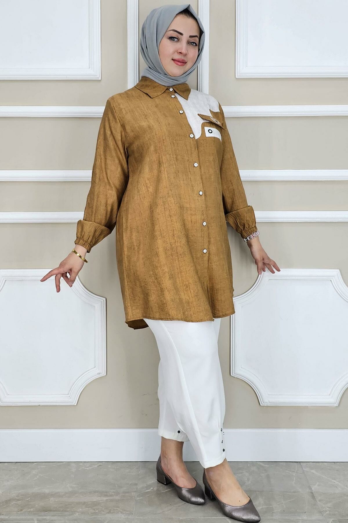 PYS KADIN KUŞGÖZÜ DETAYLI TESETTÜR GÖMLEK TABA - 3 BEDEN