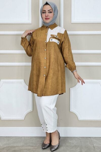 PYS KADIN KUŞGÖZÜ DETAYLI TESETTÜR GÖMLEK TABA - 3 BEDEN