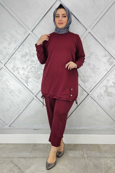KADIN DÜĞME BAĞCIK DETAYLI TESETTÜR TAKIM BORDO - 3 BEDEN