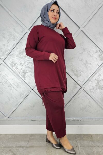 KADIN DÜĞME BAĞCIK DETAYLI TESETTÜR TAKIM BORDO - 3 BEDEN