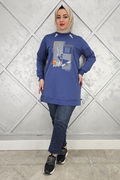 KADIN BASKI TAŞ DETAYLI TESETTÜR TUNİK İNDİGO - 5 BEDEN