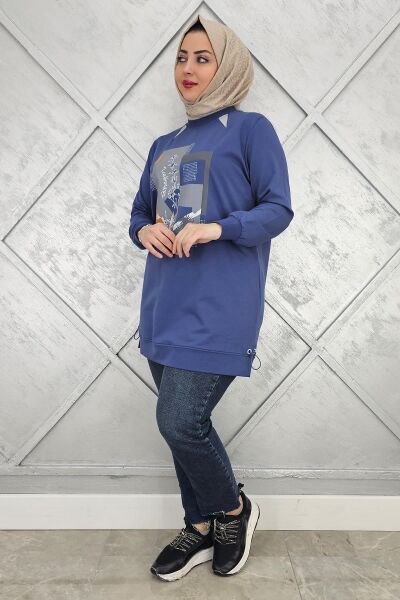 KADIN BASKI TAŞ DETAYLI TESETTÜR TUNİK İNDİGO - 5 BEDEN