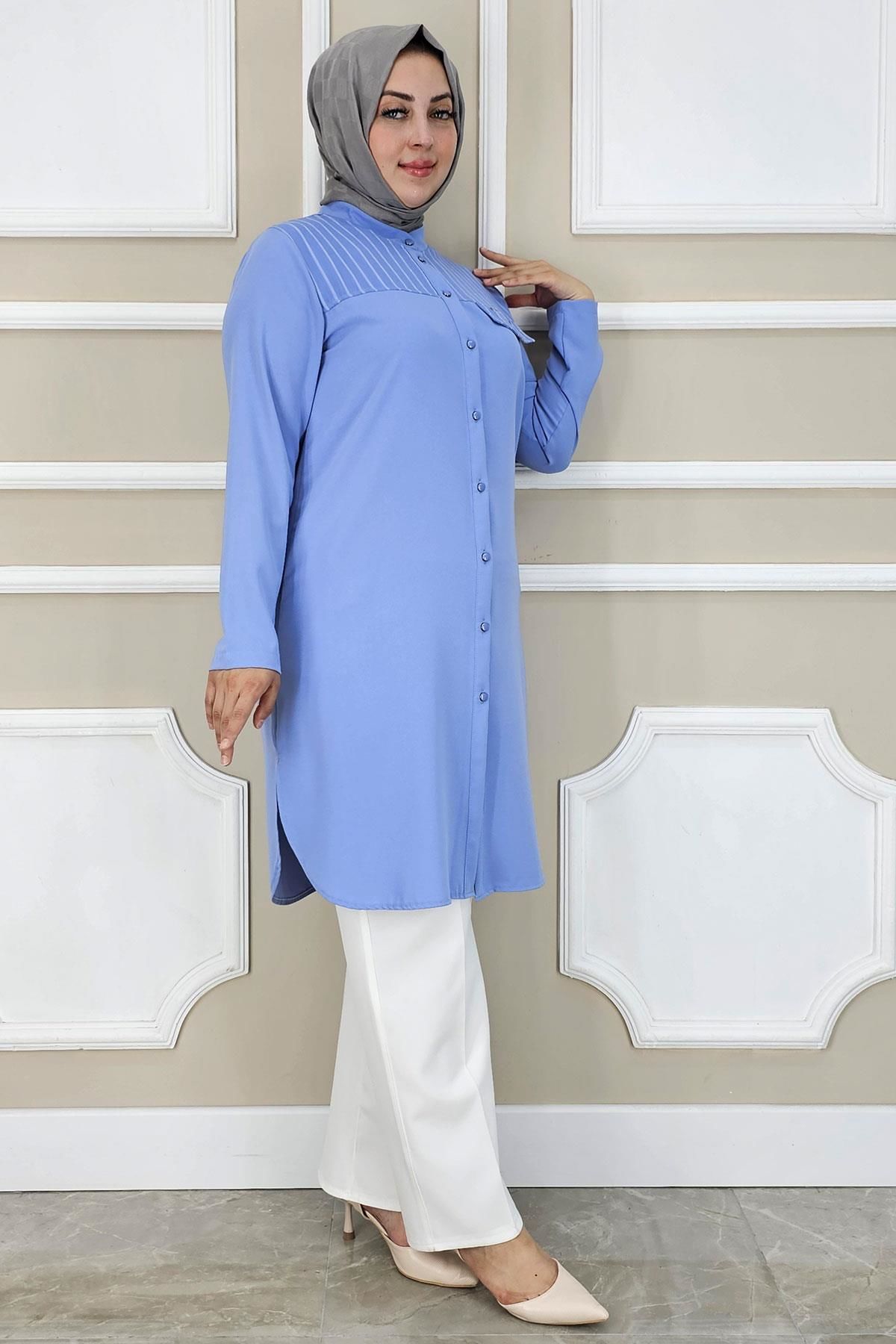 PYS KADIN HAKİM YAKA TESETTÜR GÖMLEK MAVİ - 5 BEDEN