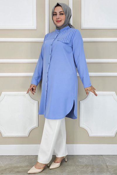 PYS KADIN HAKİM YAKA TESETTÜR GÖMLEK MAVİ - 5 BEDEN