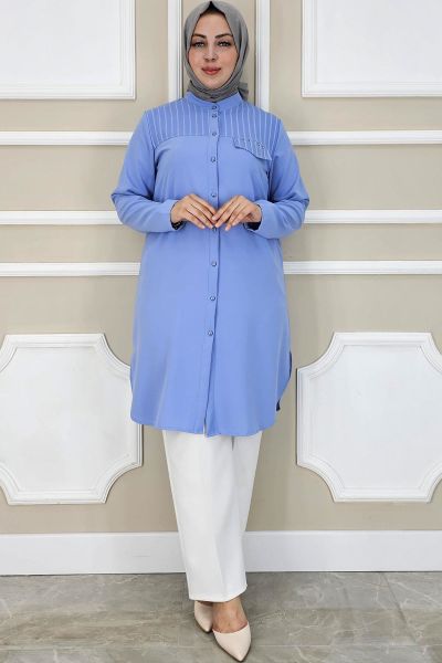 PYS KADIN HAKİM YAKA TESETTÜR GÖMLEK MAVİ - 5 BEDEN