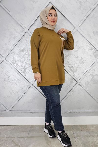 KADIN KOMBİN VE BAĞCIK DETAYLI TESETTÜR TUNİK YAĞ YEŞİLİ - 3XL