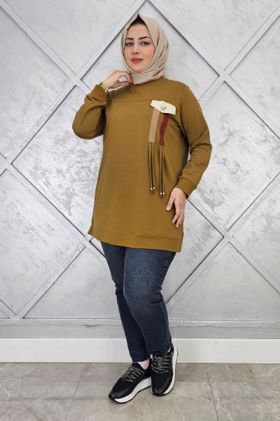 KADIN KOMBİN VE BAĞCIK DETAYLI TESETTÜR TUNİK YAĞ YEŞİLİ - 3XL