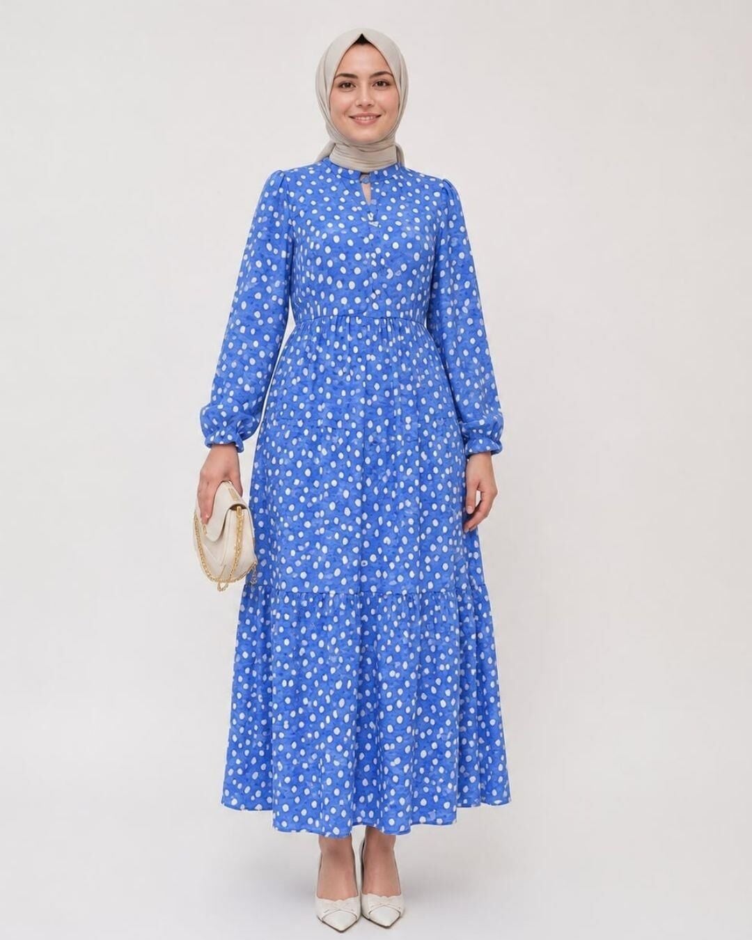 NEVA 2398 MANGO DESENLİ SALAŞ KİLOŞ ELBİSE MAVİ - S-M