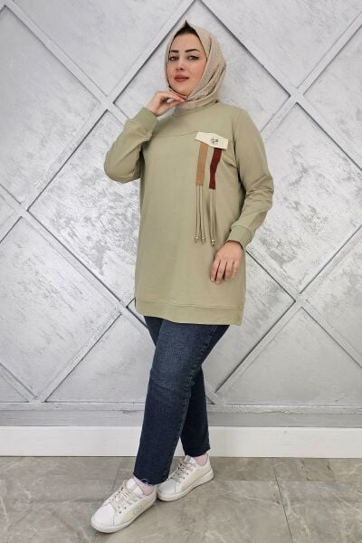 KADIN KOMBİN VE BAĞCIK DETAYLI TESETTÜR TUNİK MİNT YEŞİLİ - 3XL