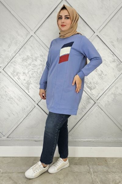 KADIN PARAŞÜT KUMAŞ KOMBİNLİ TESETTÜR TUNİK MAVİ - XL