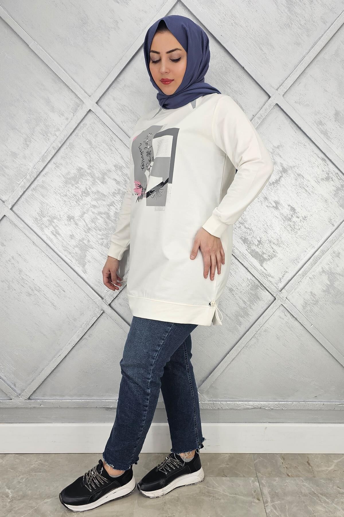 KADIN BASKI TAŞ DETAYLI TESETTÜR TUNİK EKRU - 3 BEDEN