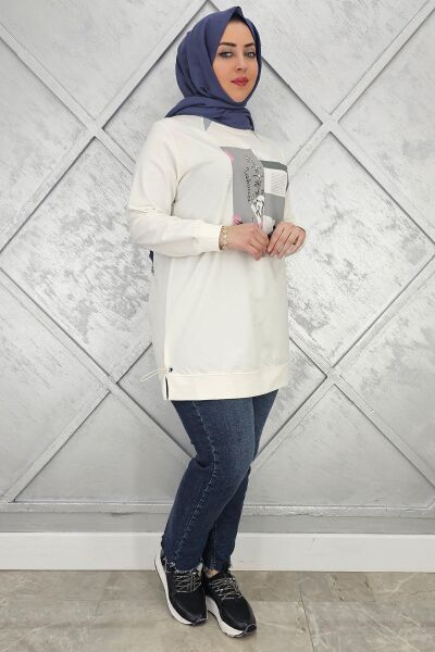 KADIN BASKI TAŞ DETAYLI TESETTÜR TUNİK EKRU - 3 BEDEN