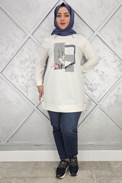 KADIN BASKI TAŞ DETAYLI TESETTÜR TUNİK EKRU - 3 BEDEN