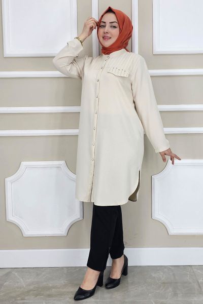 PYS KADIN HAKİM YAKA TESETTÜR GÖMLEK TAŞ - 4 BEDEN