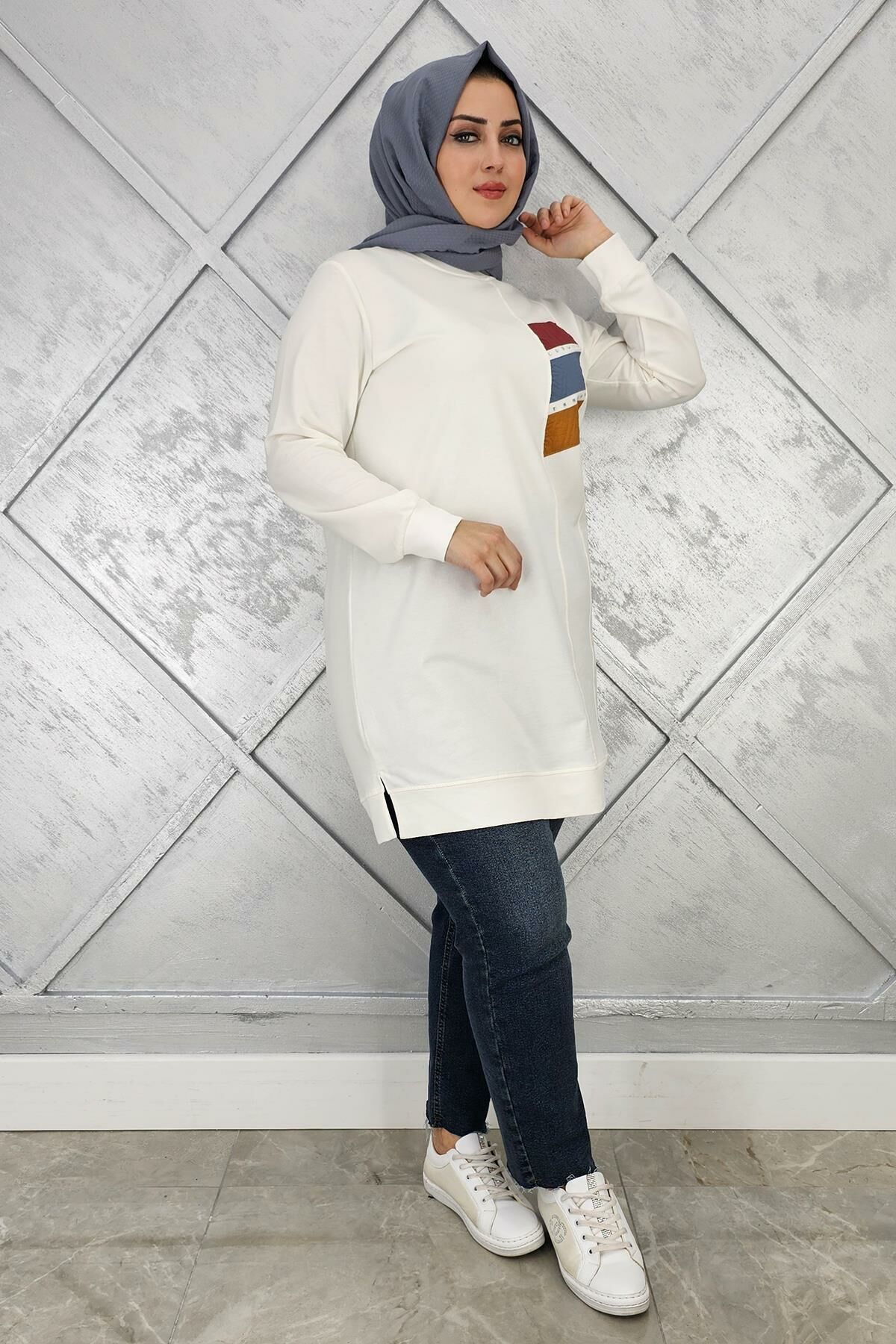 KADIN PARAŞÜT KUMAŞ KOMBİNLİ TESETTÜR TUNİK EKRU - L