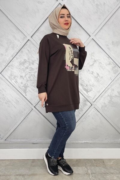 KADIN BASKI TAŞ DETAYLI TESETTÜR TUNİK KAHVERENGİ - 5 BEDEN