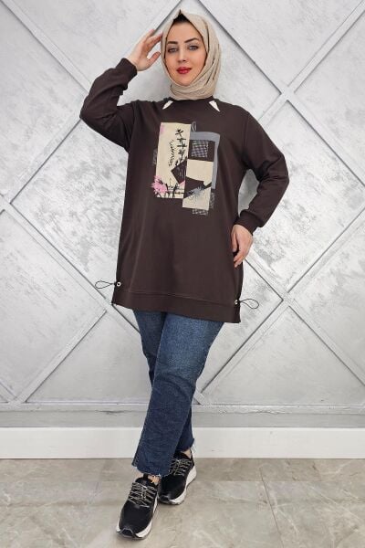 KADIN BASKI TAŞ DETAYLI TESETTÜR TUNİK KAHVERENGİ - 5 BEDEN