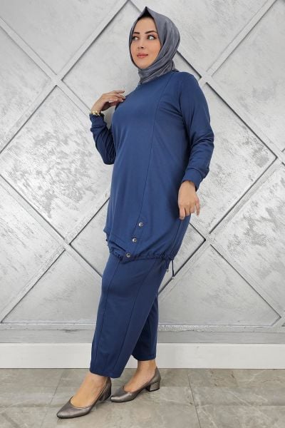 KADIN DÜĞME BAĞCIK DETAYLI TESETTÜR TAKIM İNDİGO - 3 BEDEN