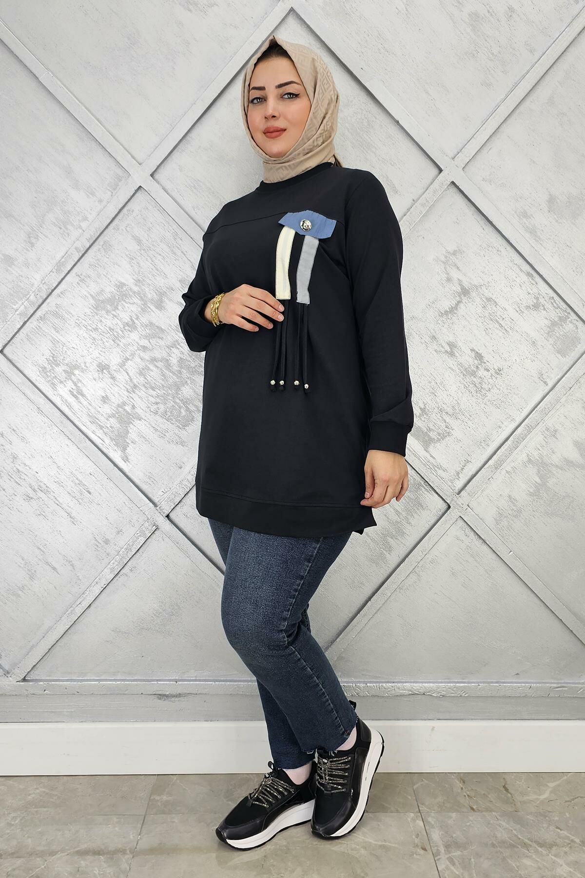 KADIN KOMBİN VE BAĞCIK DETAYLI TESETTÜR TUNİK SİYAH - 3XL