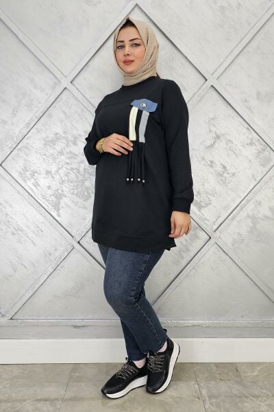 KADIN KOMBİN VE BAĞCIK DETAYLI TESETTÜR TUNİK SİYAH - 3XL